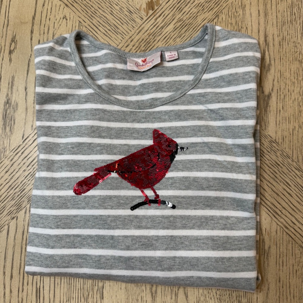 Quacker Factory‎ Womens Large Gray White Striped Long Sleeve Sequin Cardinal Top